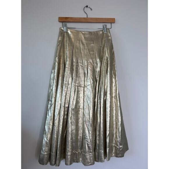 NEW Mestiza New York Seville Metallic Box Pleat Lined Midi Skirt Gold Size: 0 - Picture 7 of 8